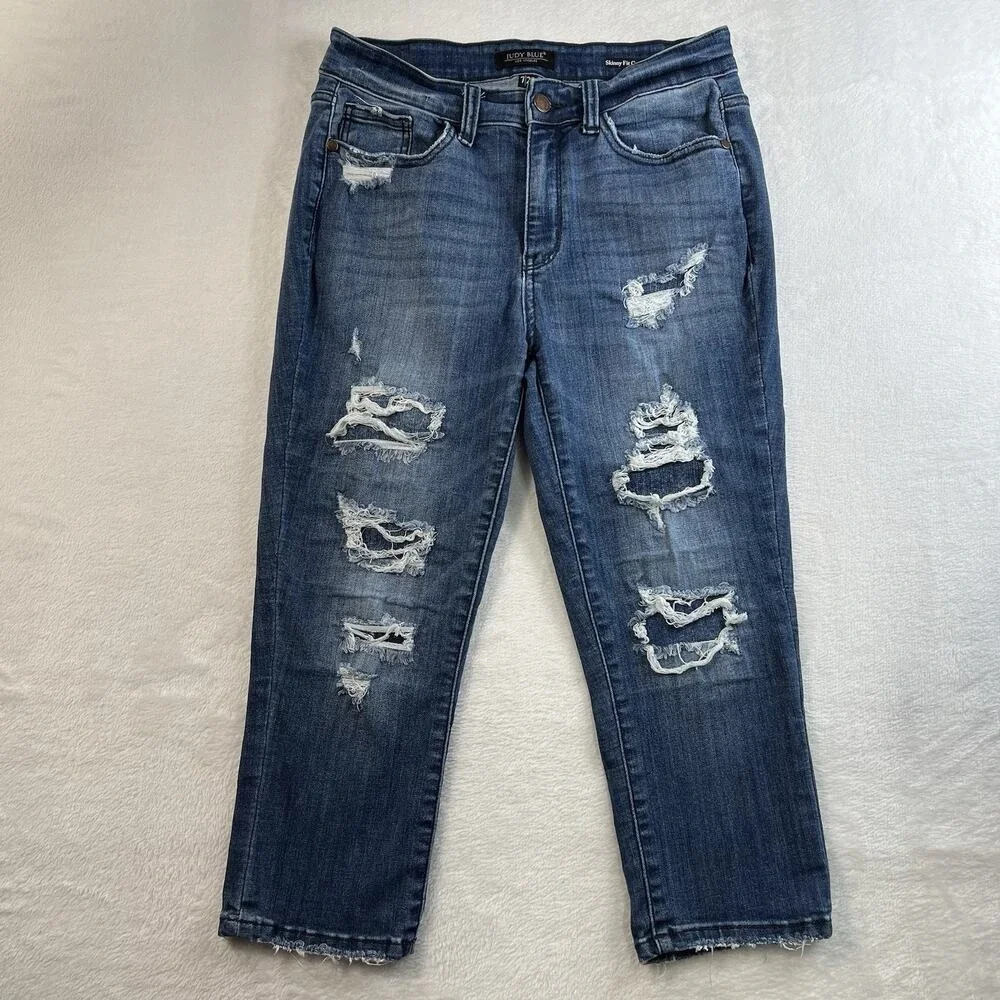 Judy Blue 7‎ / 28 Skinny Fit Capri Jeans Mid Rise Distressed Stretch Denim Blue